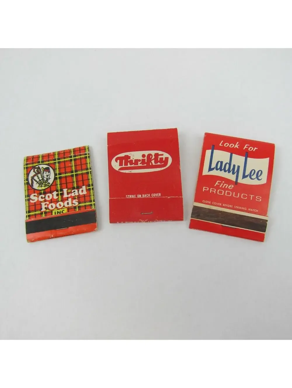 3 Vintage Matchbooks Scot Lad Foods, Thrifty Drug Stores,  Lady Lee Harvest Day